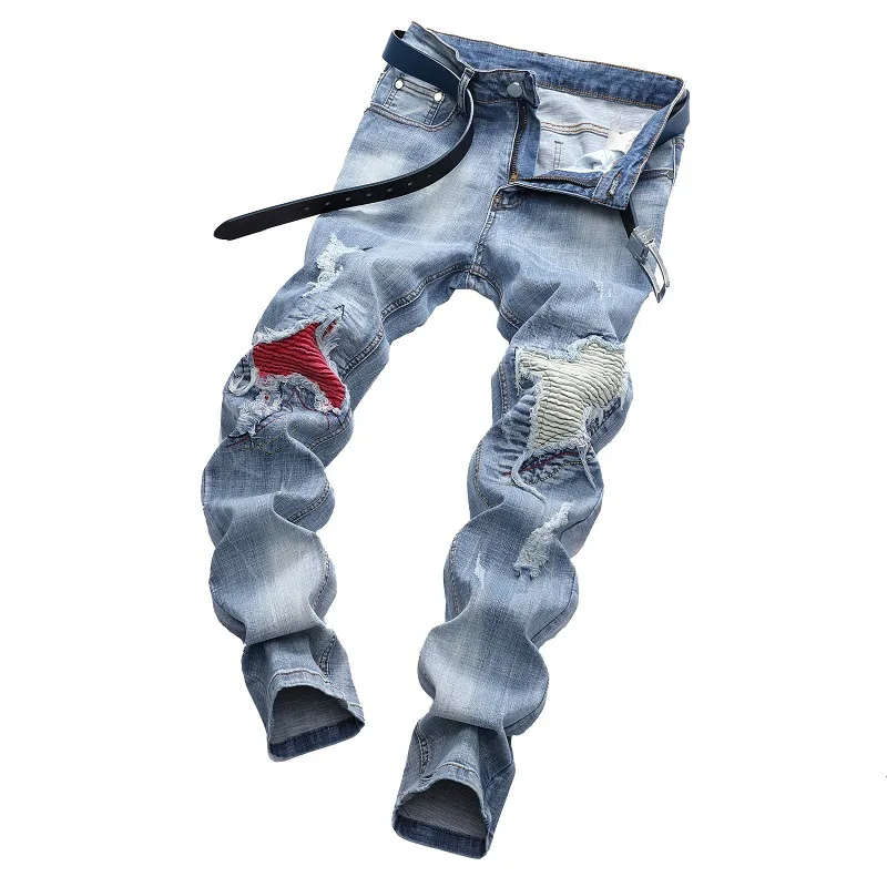 Oversized Jeans Light Color Stretch Motorcycle Pants Ripped Jeans Fashion Casual Pants Men's Jeans Ripped Straight-Leg Trousers