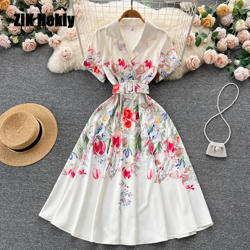 

Zik Hekiy Women's Summer New Suit Collar High-End Waist-Skimming Printed Chiffon Dress Women Short-Sleeved Cute Pleated Dresses