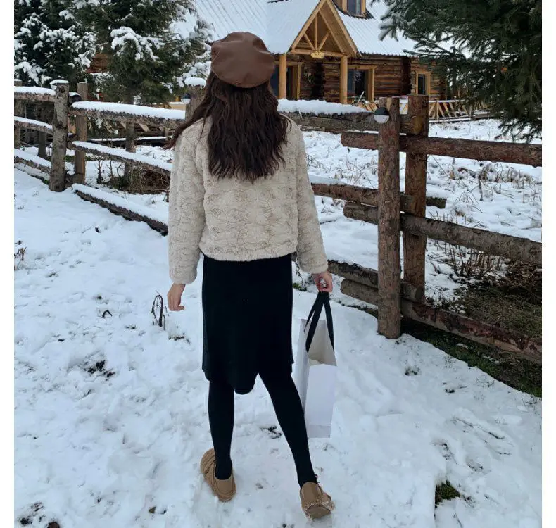 Lamb Coat Women's Short Autumn  Winter Korean Thickened Rabbit Furry Fur Plush Coat O Neck Sweet Girl Cute Kawaii Japaness