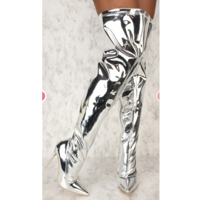 

Mirror Pu Over The Knee Women Boots Super High Heels Pointed Toe Boot Female Shoes New Winter Warm Footwear Plus Size