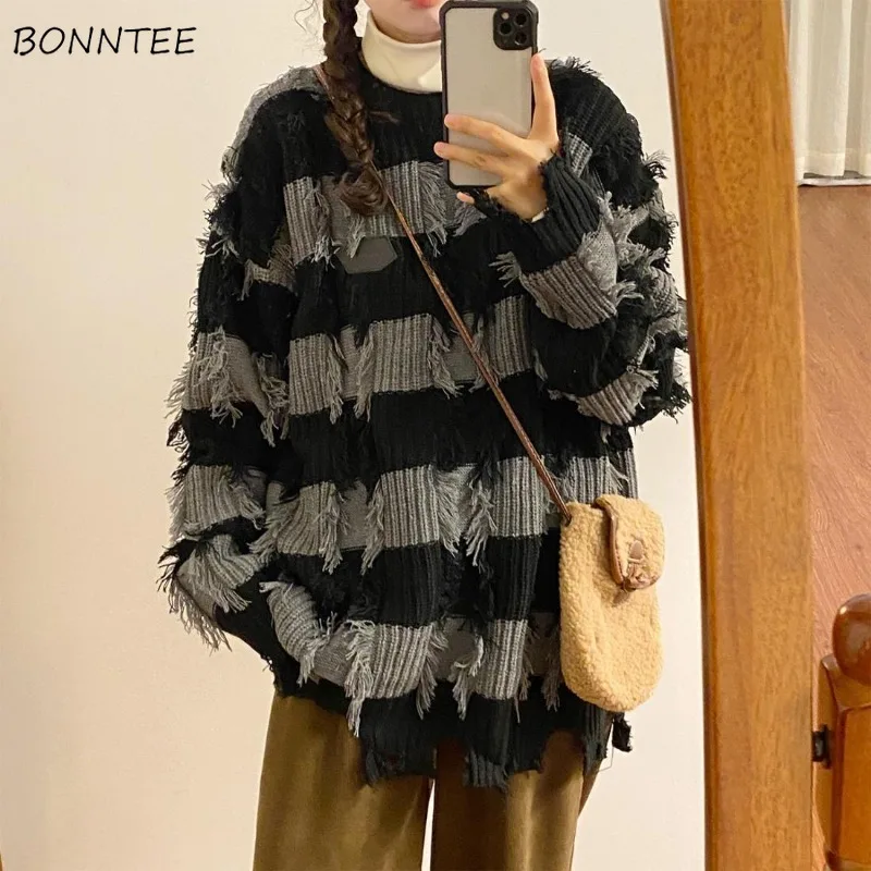 

American Style Retro Tassel Pullovers Women Baggy Unisex Sweater Trendy Striped Cool Streetwear Autumn Winter Basics Y2k Teens