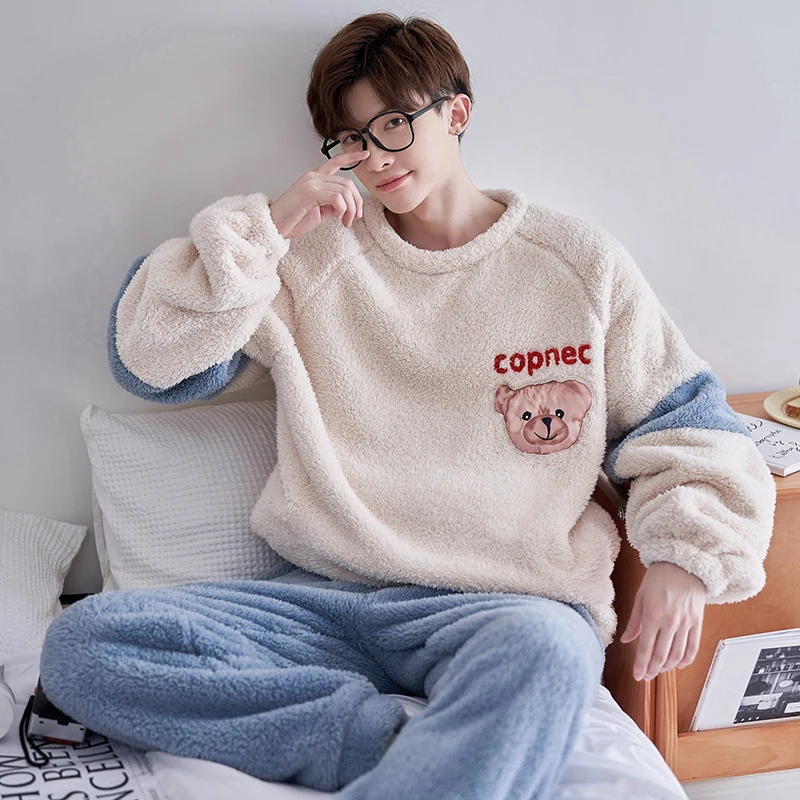 FUNISHI Winter Pajamas Plus Size 4XL Coral Fleece Pajama Set Men Sleepwear Flannel Loose Version Inspissate Pullover Nightgown