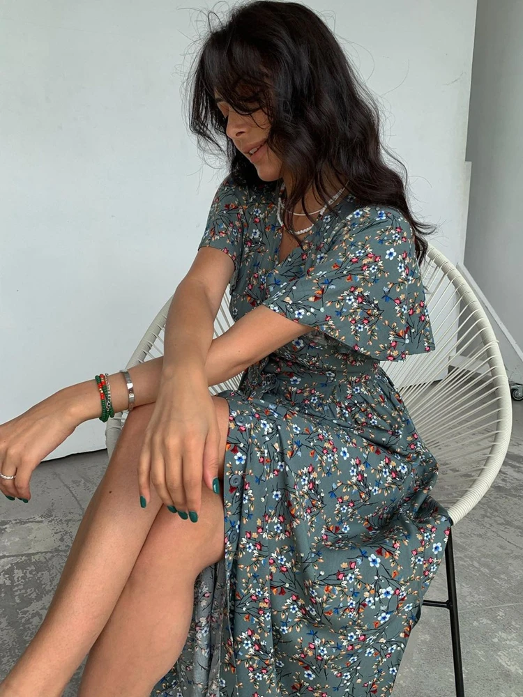 

Mandylandy Women Elegant Summer Bohemian Vacation Dress Fashion Female Y2K Short Sleeve V Neck Single Breasted Dress Streetwear