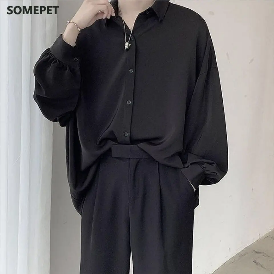 

Рубашка мужская с длинным рукавом и галстуком, Повседневная Свободная однобортная, черная, 2022