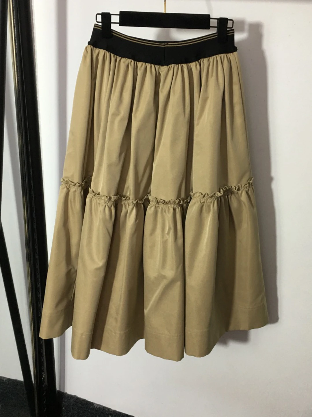 

Autumn Women Cotton Skirts For Office Ladies Casual Loose Ruffles A-Line High Waist OL Midi Skirt Khaki or Deep Blue