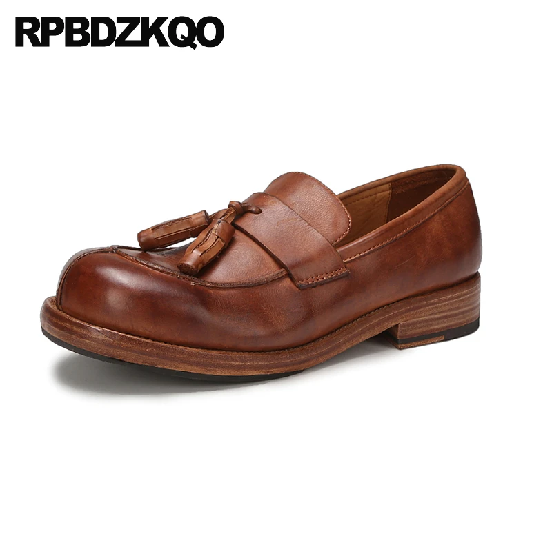 

Лоферы мужские из натуральной кожи, туфли на плоской подошве, с бахромой, с круглым носком, без застежки, классические туфли, натуральная зернистая коричневая кисточка, большие размеры, 45