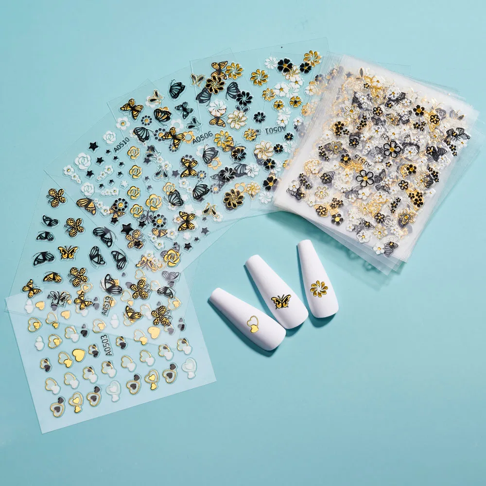 

30Sheets Butterfly/Flowers 3D Nail Stickers Black Gold Color (6.5*5.5cm) Nail Decal Set Self-adhesive Fingle Nail Tranfer Slider