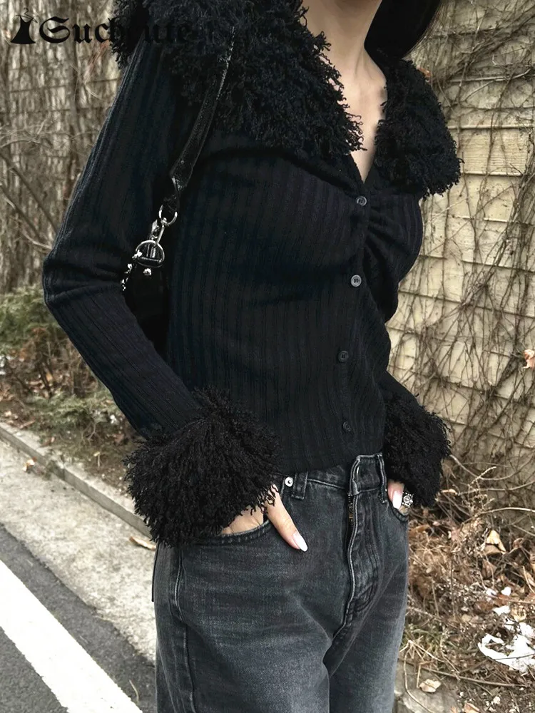 

SUCHCUTE Gothic Faux Fur Collar Sweaters Cardigans Women Punk Style Furry Slim V Neck Sweater Kpop Streetwear Casaul Coats Black