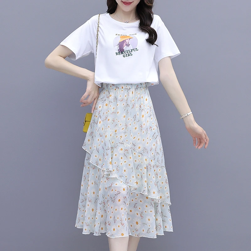 

Spring Summer Women Korean Style Chiffon High Waist Midi Skirts Female Floral Patchwork Small Fresh Long Skirts 2021 Two-piece