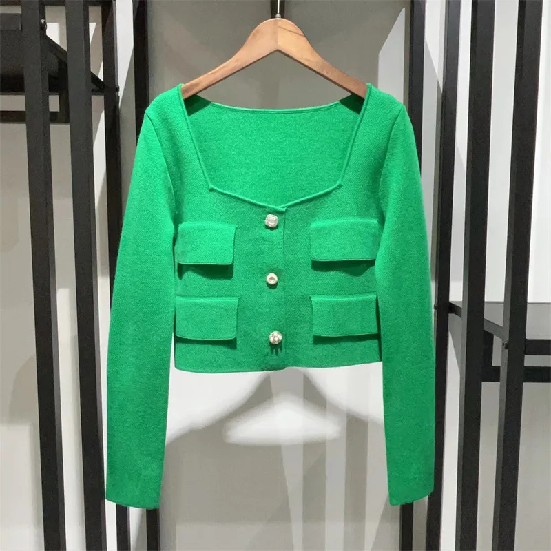 Женский винтажный шерстяной вязаный кардиган с квадратным вырезом