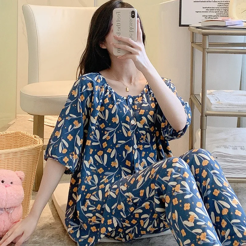 Women Mom Sleepwear Short sleeve trousers sleep Cotton Silk Pajamas Set  Outerwear Excellent leisure Summer Thin Nightdress