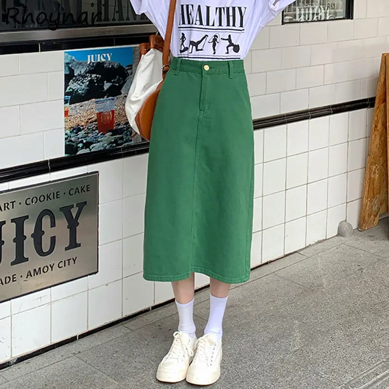 

Tender Skirts Women S-4XL Harajuku Solid Green A-line Trendy College All-match Denim Vintage Behind-slit Females Autumn Chic Hot