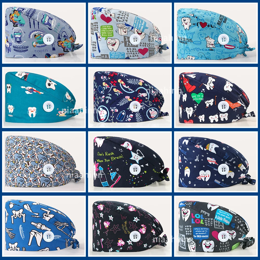 

Хирургические головные уборы из чистого хлопка с рисунком зубов, регулируемые женские пуговицы, эластичные красивые головные уборы Baotou, мо...