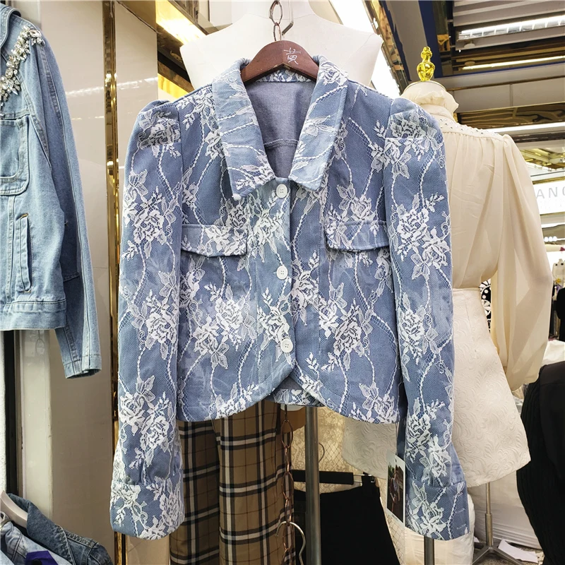 

Korean Lace Hook Flower Patchwork Short Blue Denim Coats Lapel Puff Sleeve Irregular Hem Female Spring Jeans Jacket Streetwear