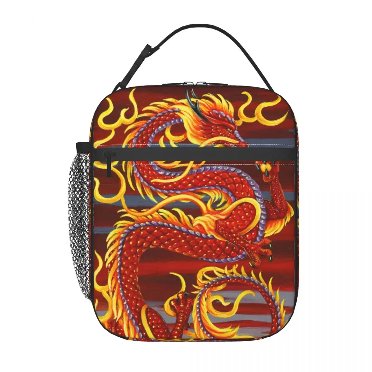 Fire Dragon Lunch Bag with Handle Eastern Sunset Print Camping Mesh Pocket Cooler Bag Zipper Meal Cool Thermal Bag