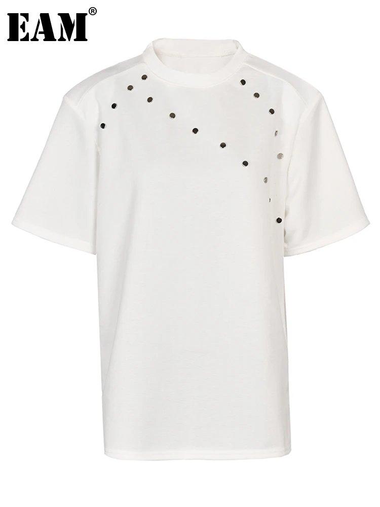 

[EAM] Женская белая Повседневная футболка с металлическими заклепками большого размера, новая модная футболка с круглым вырезом и коротким рукавом, весна-лето 2023 1DF9171