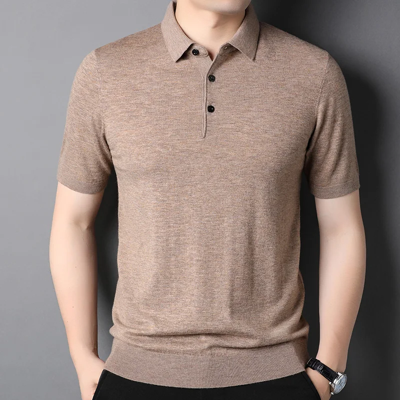 

Men's polo collar thin short sleeve sweater 100% pure wool spring and summer knitted shirts