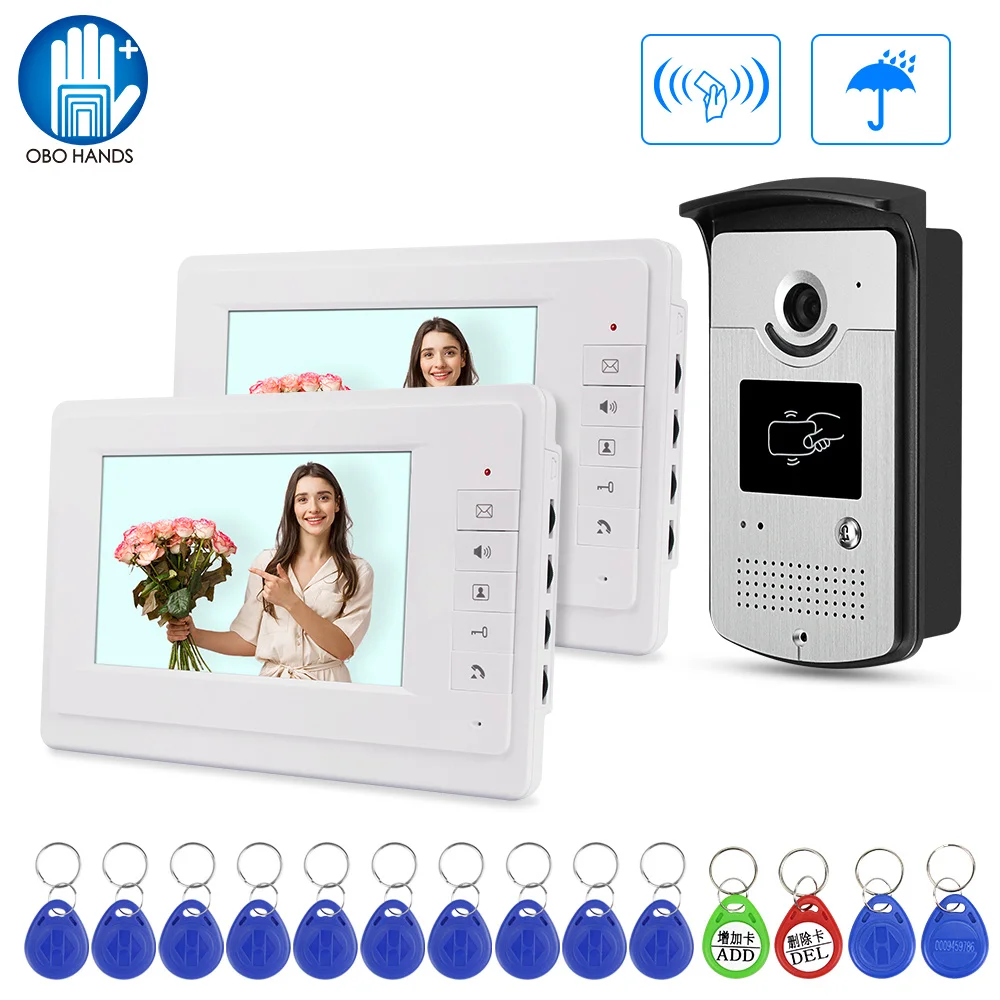 

RFID Video Door Phone 7inch 2 Monitors Screen 700TVL IR Night Vision Camera Doorbell Intercom Entry System Wired Color for Home