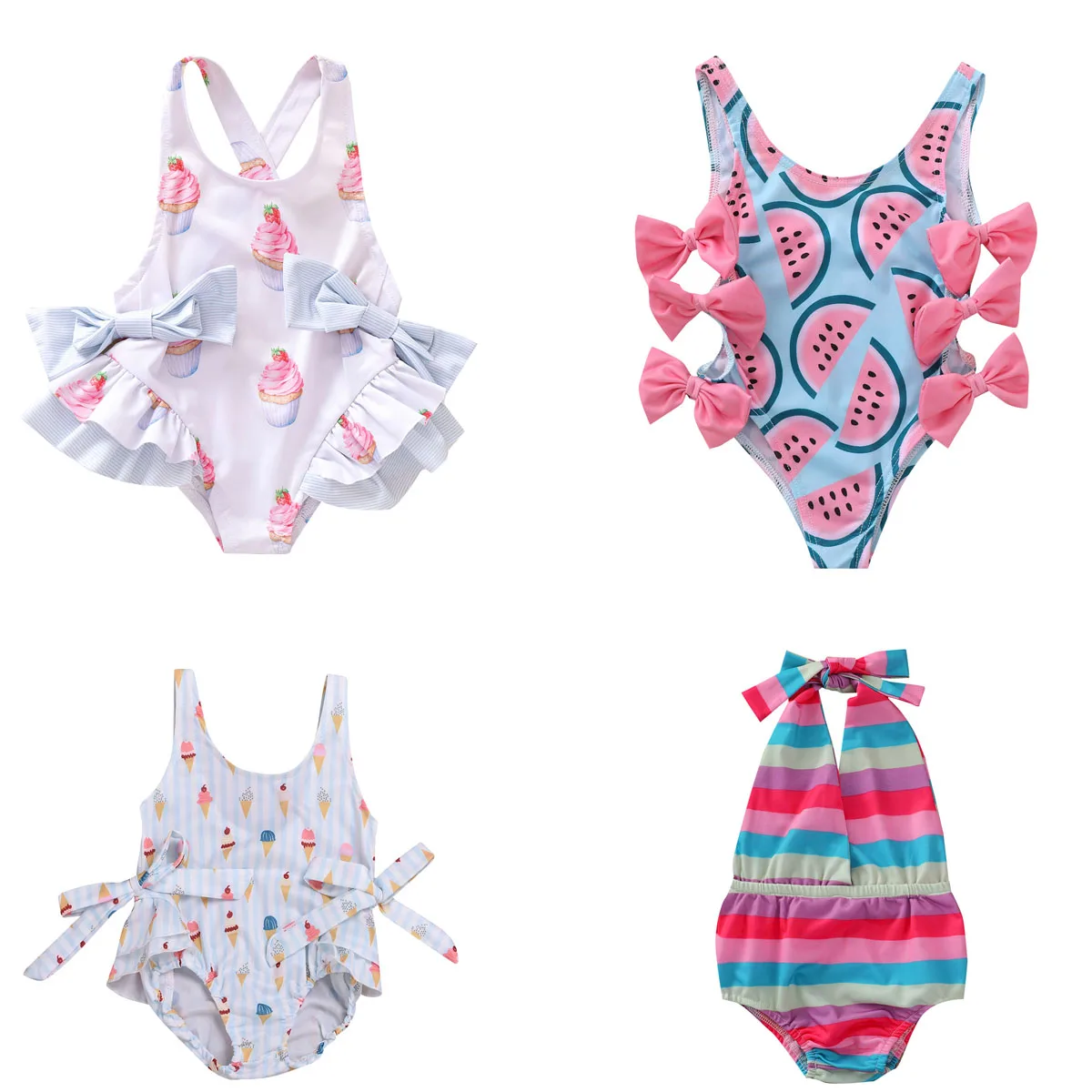

Girls Swimsuit 2022ins Summer Children's Clothing Cake Print Back Cross Double Bow Swimsuit Large Backless Lace One Piece
