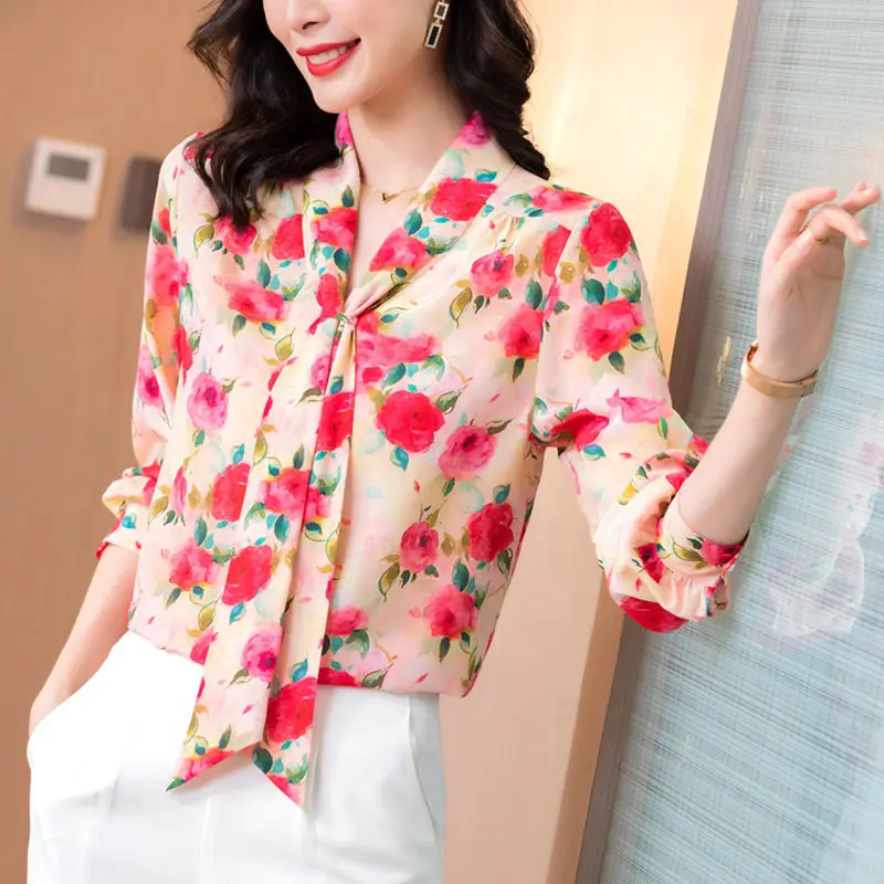 

Simulation Silk Shirt Women's Long-sleeved Silk Top 2023 New Spring and Autumn Korean Version Fashion Temperament Printed Blouse