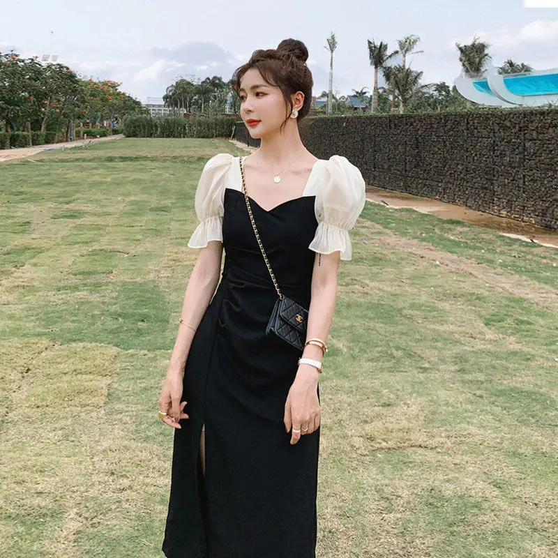 

Summer New French Transparent Puff Sleeve Goddess Fan Celebrity Stitching Black Long Slit Dress Little Black Dress BanquetParty