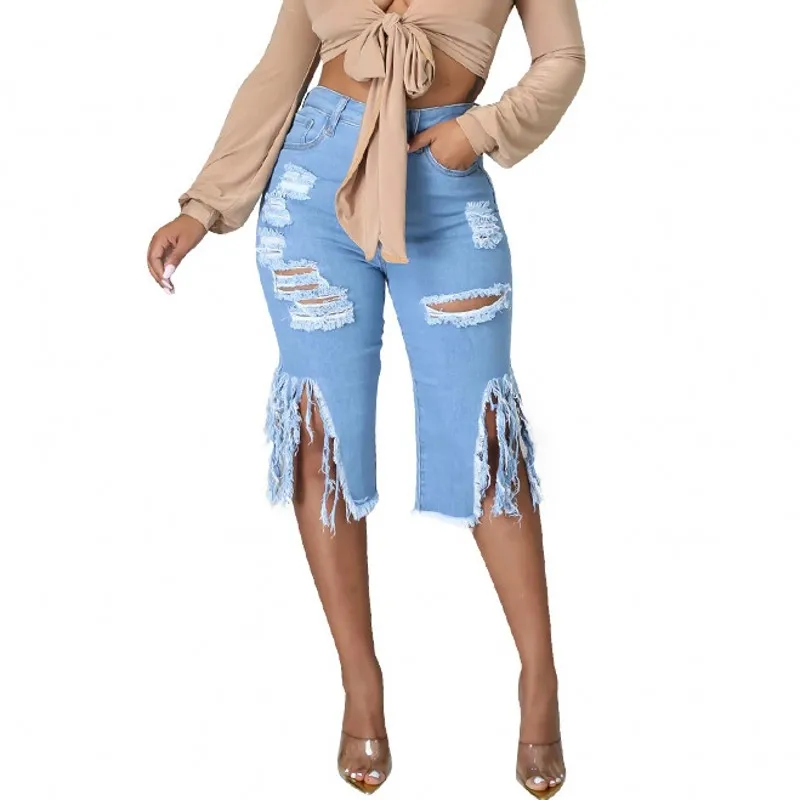 

Calf Length Denim Pants Women High Waist Pockets Denim Pants Summer New Ripped Hollow Tassel Streetwear Skinny Female Jeans 2022