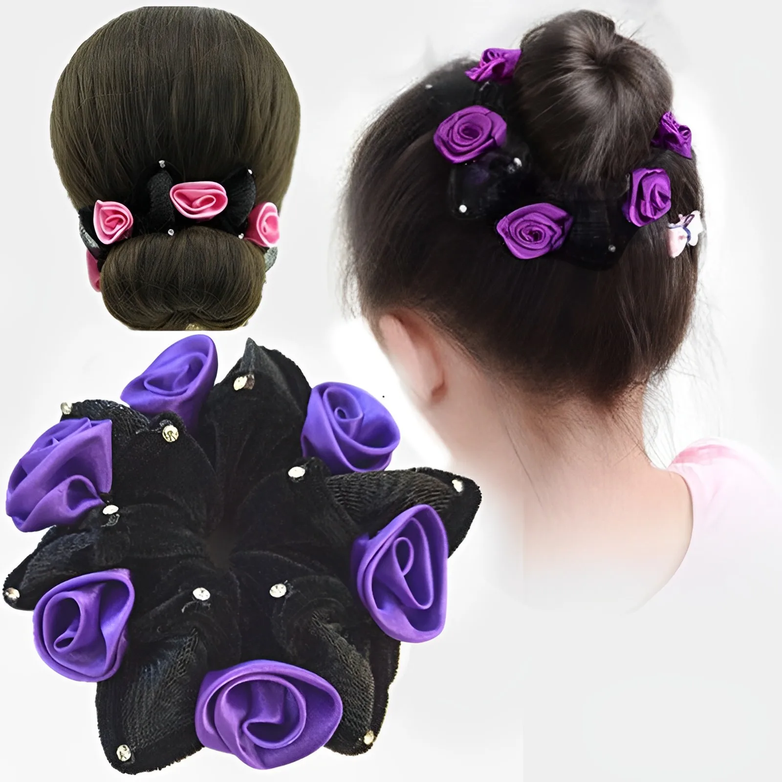 Fashion Chiffon Rose Hexagon Head Flower Rubber Band Hair Band Color with Diamond Velvet Hair Band Hair Band Hair Accessories