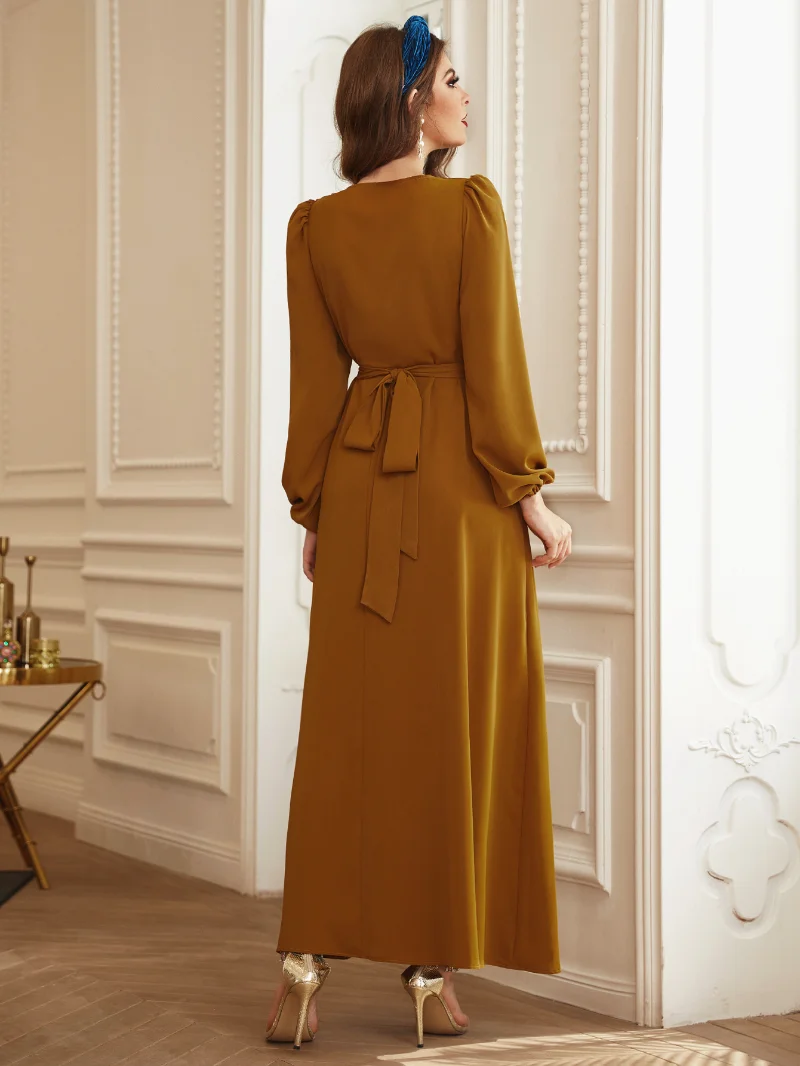 Abaya Dubai Woman 2022 V-Neck Rhinestone Belted Kaftan Long Sleeve Party Dresses Solid CoLor Robe Turkey Islamic Clothing
