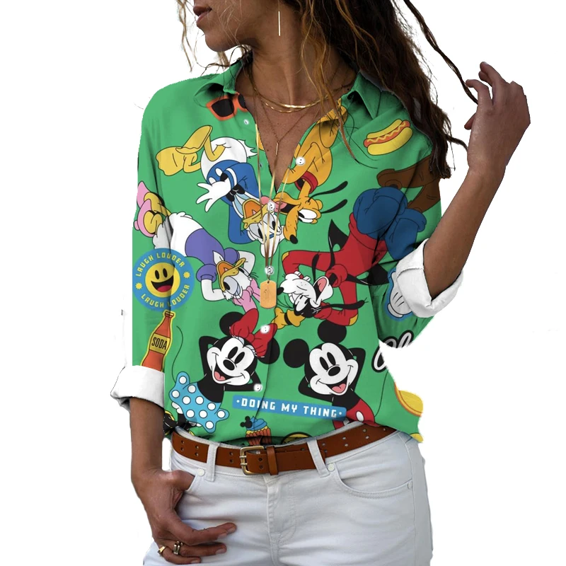 

Elegant Disney Minnie Mickey Women's Casual Lapel Shirt Fall Long Sleeve Loose Top V Neck Polo Tee Y2K