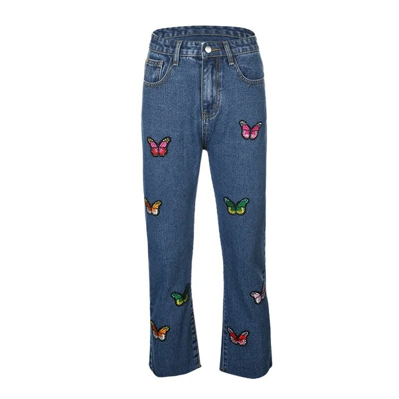 Women Spring Autumn Loose Comfortable Denim Pants 2021 High Waist Slim Butterfly Embroidered Straight Casual Classic Jeans Pop