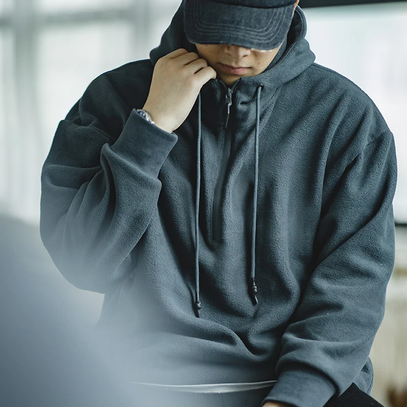 Mens Winter Polar Fleece Tactical Hoodies Japanese-style Solid Color 1/3 Zip Harajuku Style Loose Hip Hop Military Cargo Sweater