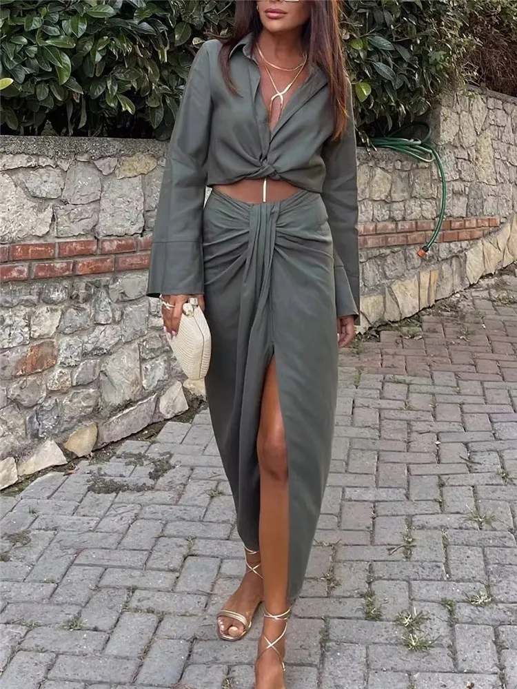 TRAF Knot Long Skirt Women High Waist Split Pencil Skirt Sets Streetwear Pleated Summer Skirts Woman 2022 Elegant Midi Skirts