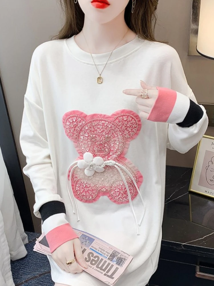 

Preppy Style Cute Cartoon Pink Bear Mid-Length T-shirt 2023 Spring New Loose Thick Rhinestone Flower Oversized T Shirt Female