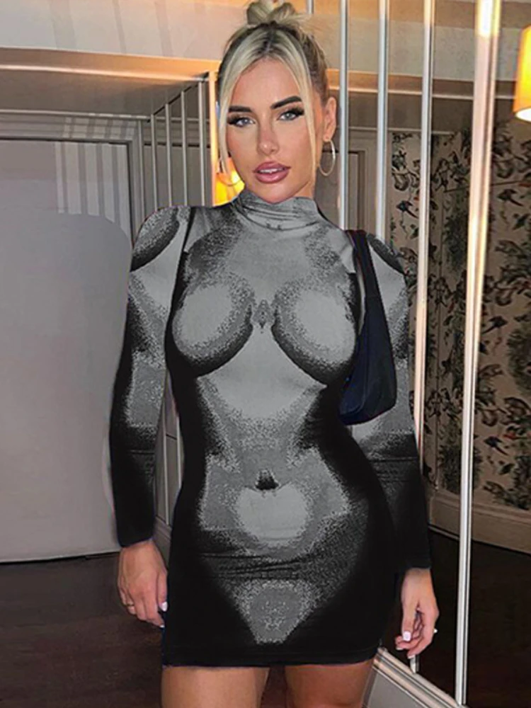 

WeiYao Fashion Printed Mini Dress Club Party Outfits for Women Bodycon Turtleneck Long Sleeve Dress 2023 Spring Vestido Clothes
