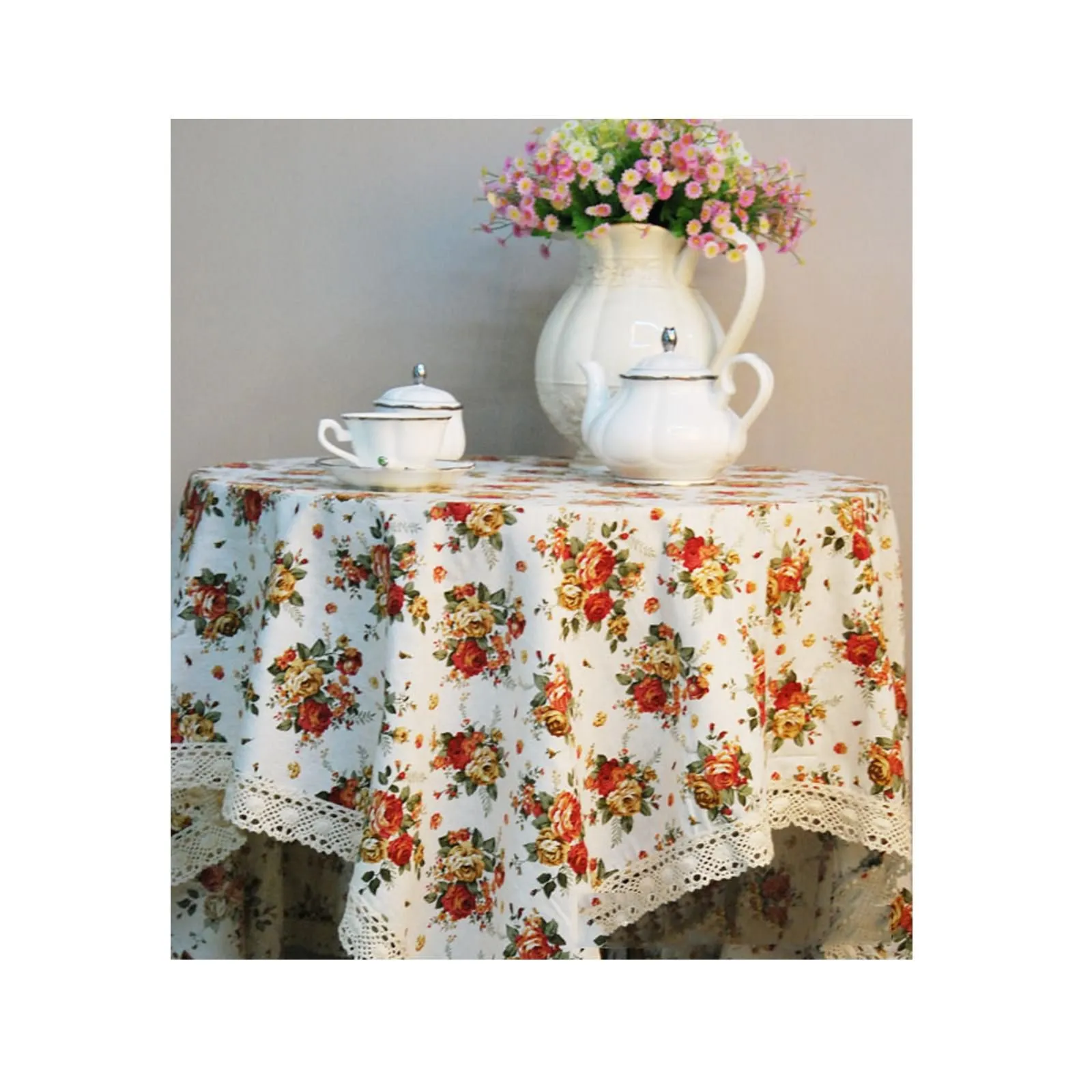 

Cotton Linen Tablecloths, Waterproof Table Covers Pastoral Style Flower Printing Beige Dining Table Coffee Table Deco