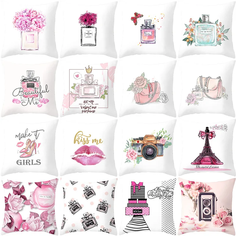

Cute Pink Perfume Pillowcase Pink Flower Pillow Case for Bedroom Living Room Sofa Luxury Designer Boho Home Decor 40x40 45x45