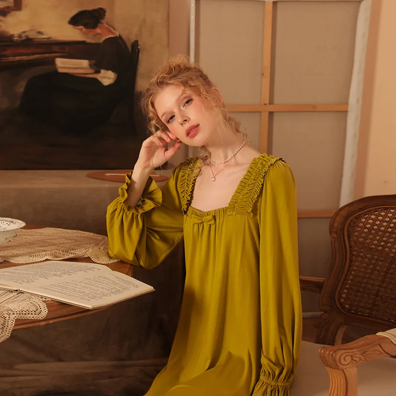 Women's Retro Square Neck Cute Bow Soft Comfortable Modal Nightgowns Sleepshirts Sleepwear