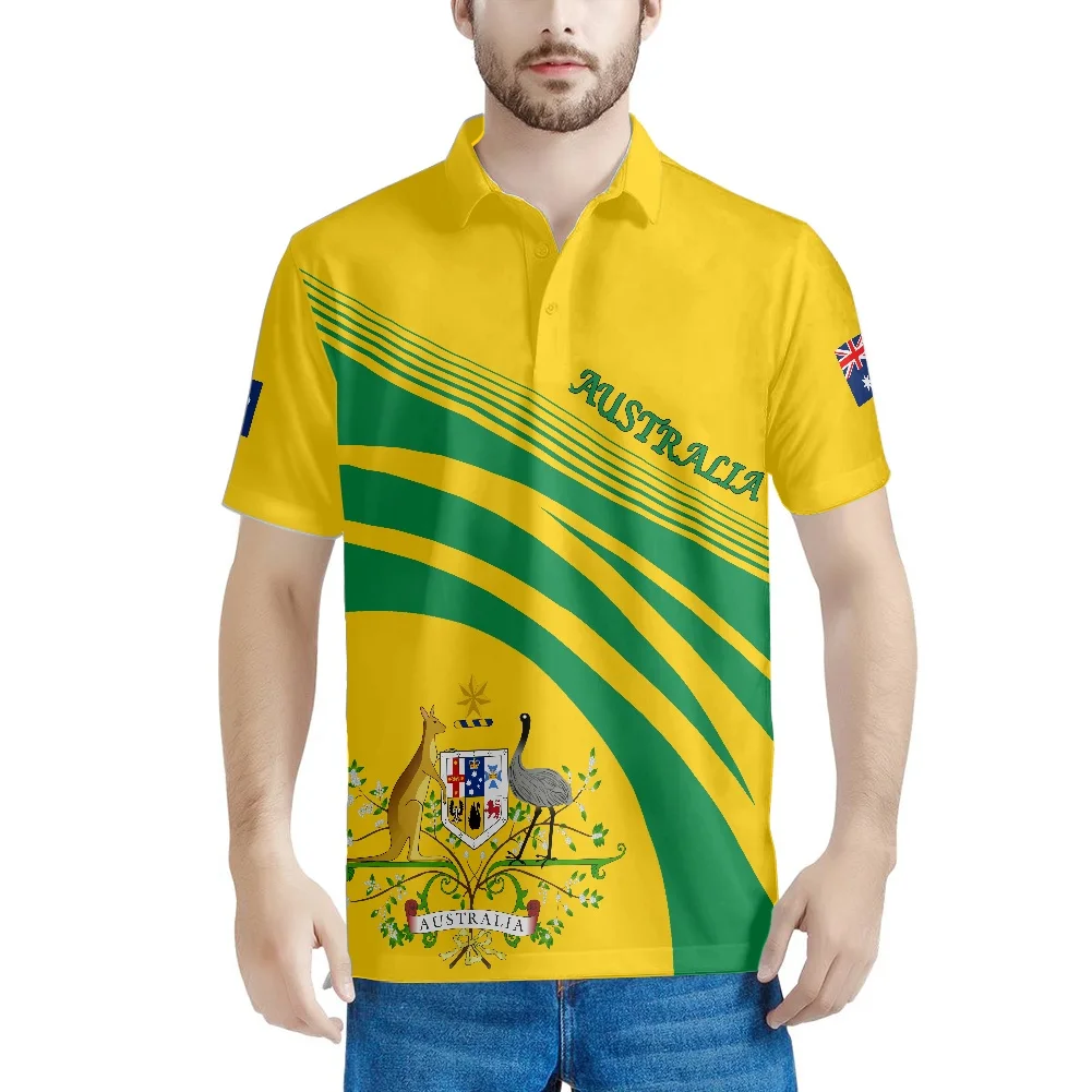 

Рубашка-поло мужская с австралийским флагом, желтый зеленый дизайн, кенгуру, с короткими рукавами, в стиле пэчворк, качественная летняя Праз...