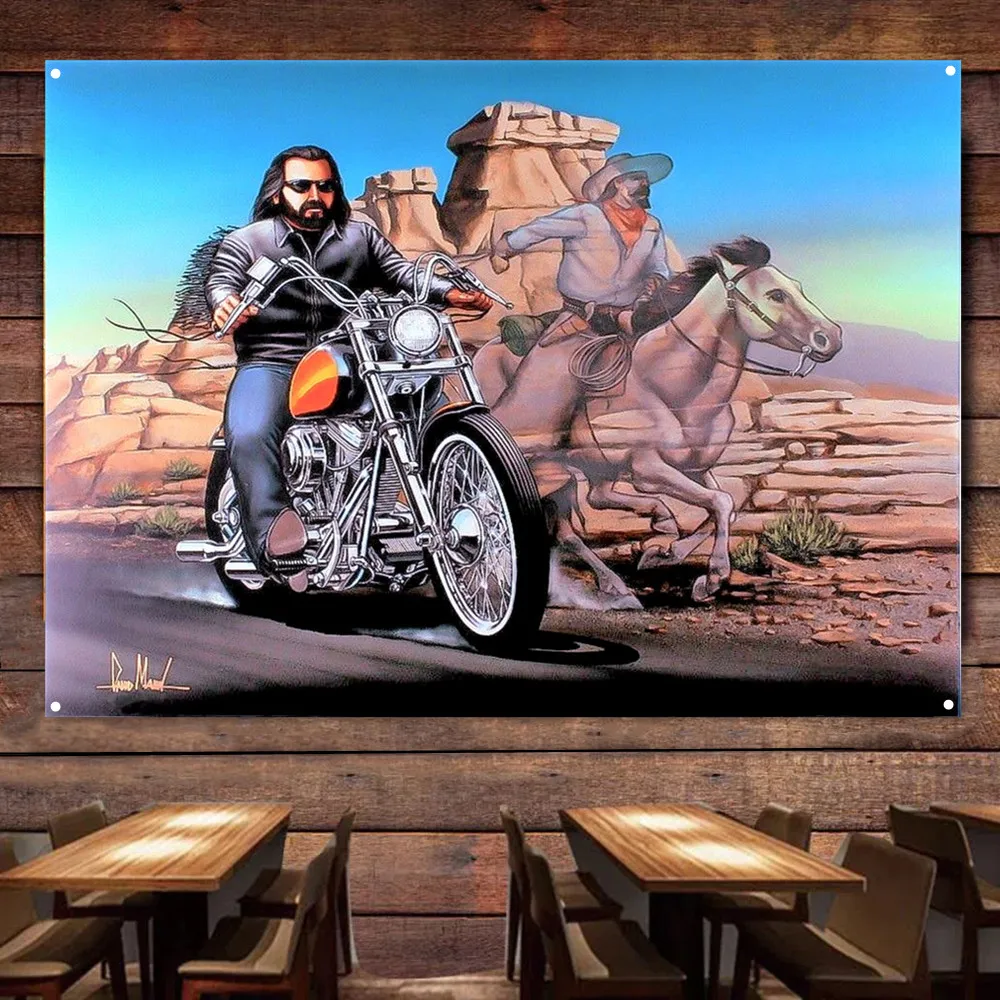 

Cowboy Motorcycles Rider Flag Banner Live Ride Poster Decor Mural Bikers Art Wall Sign Vintage Car Man Cave Bar Club Pub Garage