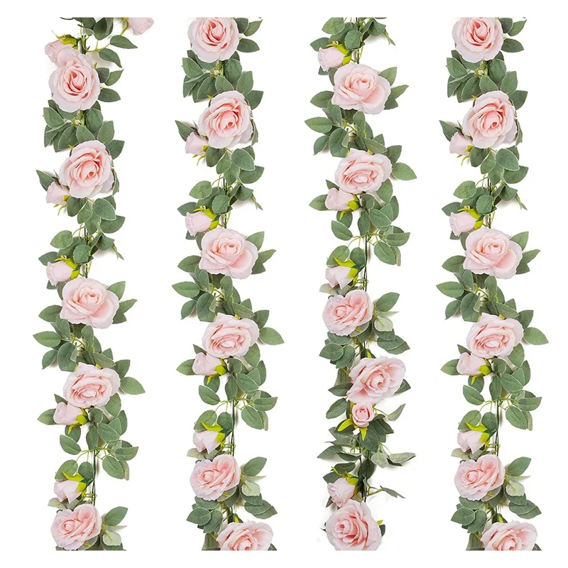 

4Pcs(26 FT) Artificial Rose Vine Fake Flower Garland Fake Silk Pink Rose Hanging Vine For Wedding Party Arch Garden