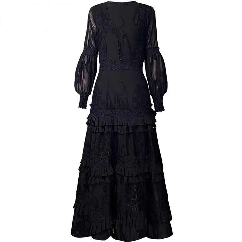 

Elegant Dresses For Women 2023 Luxury Designer Spring V-neck Lantern Sleeve Flowers Embroidery Cascading Ruffle Vacation Dress