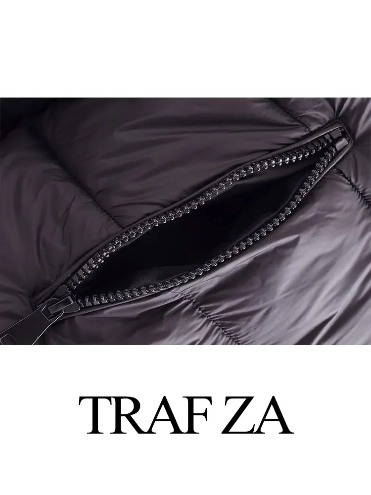 TRAF ZA Winter Women's Cotton Clothes Solid Vintage Hooded Coats Long Sleeve Zipper Pockets Jacket Female Chic Warm Outerwear