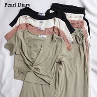 pearl diary summer deep v neck intersect short sleeves t shirt top women suit high waisted thin wide leg pants two piece suit