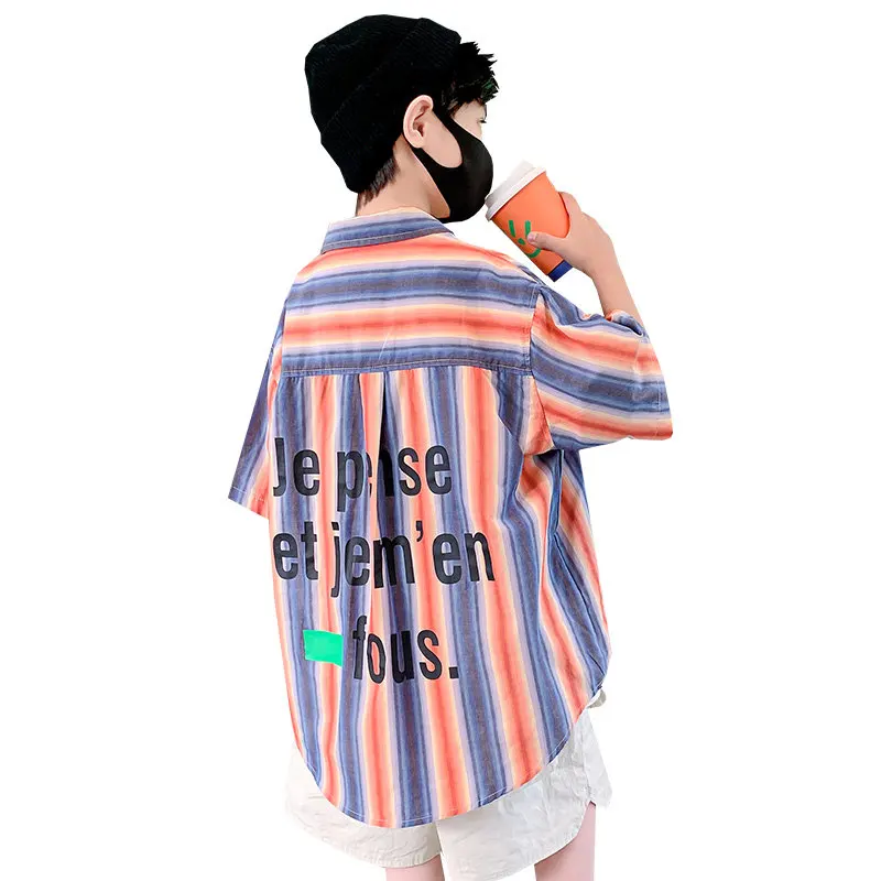 

Kids Boy Shirts Clothes Striped Print Short Sleeve Shirt Summer Children's Casual Blouse Korean Hot Deals Tops Tees 5 To 14Years
