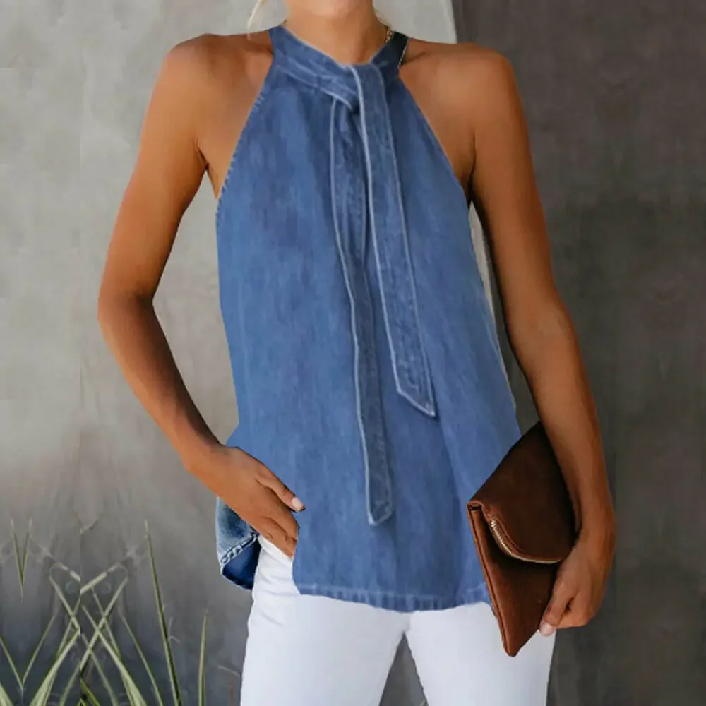 

2023 Newest Hot Women Ladies Casual Sleeveless Tank Tops Vest Halter Bandage Loose Denim Tanks Short T Shirt S-XL Black Grey