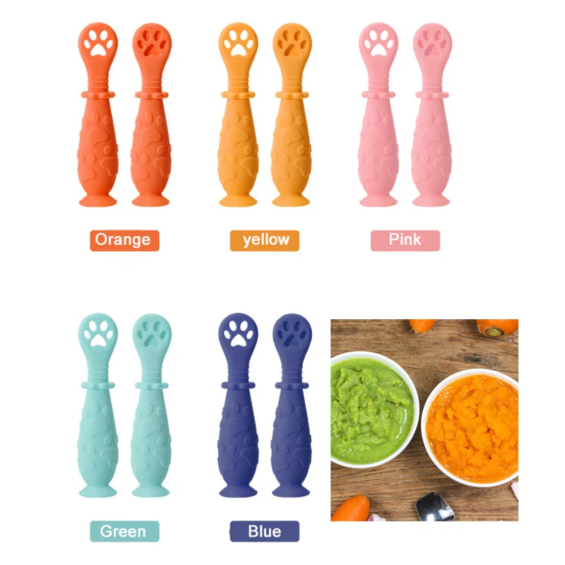 2Pcs/Set Baby Learn Spoon Set Short Easy Spoon Cartoon Silicone Teether Infant Anti-slip Feeding Training Utensils Tableware