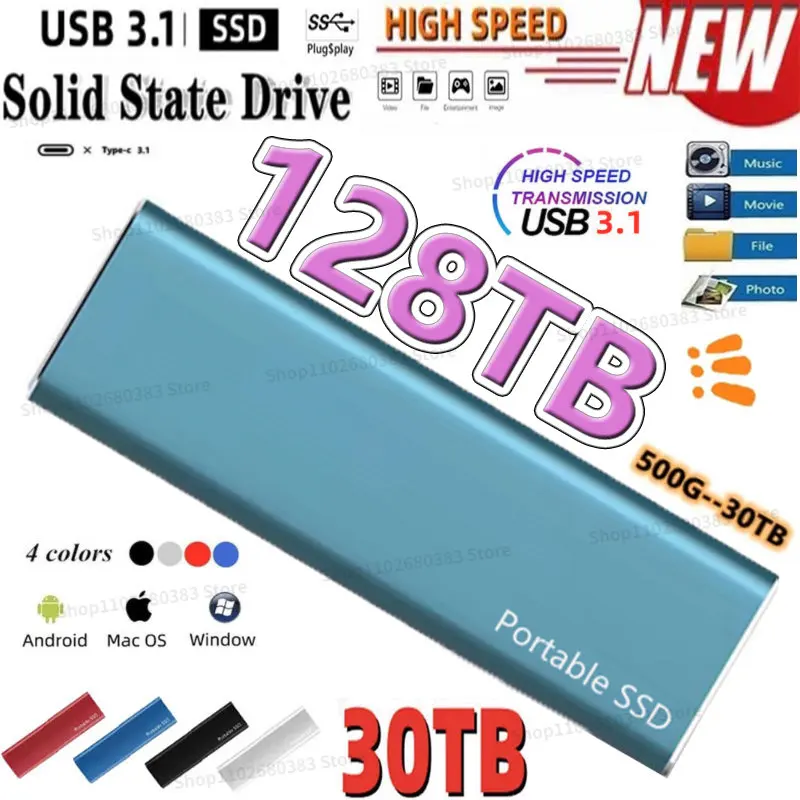 

64TB Portable High Speed Mobile Solid State Drive 2/4/8/16/128TB SSD Mobile Hard Drives External Storage Decives for Laptop Mac