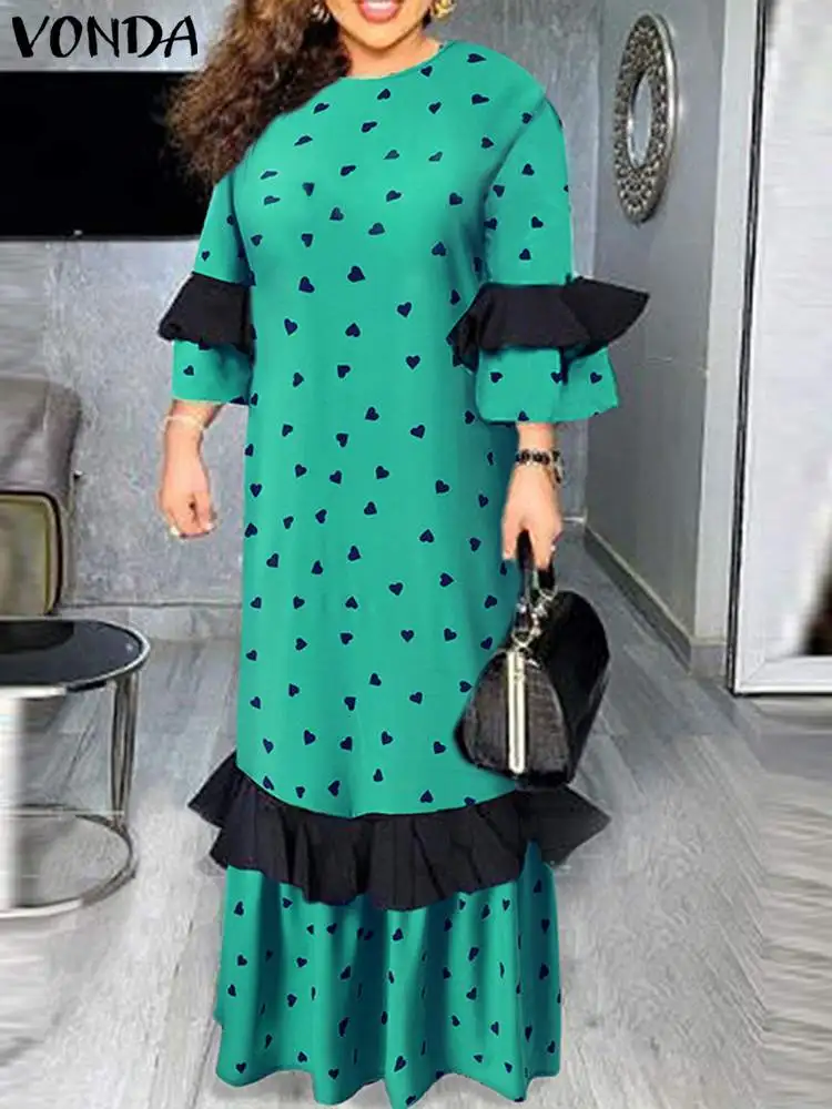 

VONDA 2022 Women Vintage Puff Sleeves Vestido Femme Y2K Heart Printed Pleated Robe Holiday Party Maxi Dress 3/4 Sleeve Sundress