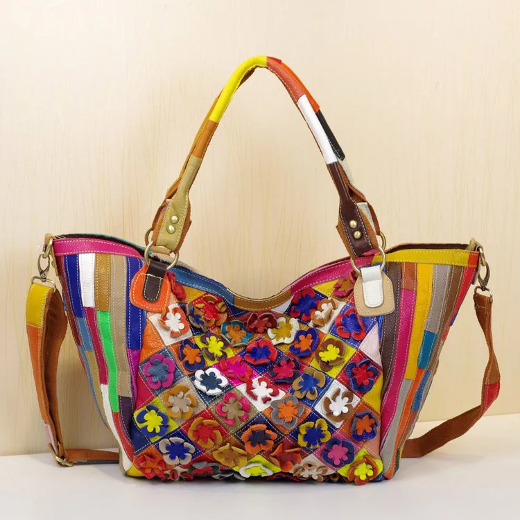 

Luxury Brand Fashion Handmade Genuine Leather Tote Bag Colorful Flower Contrast Large Bag Famous Designer Wallets and Bags Bolsa