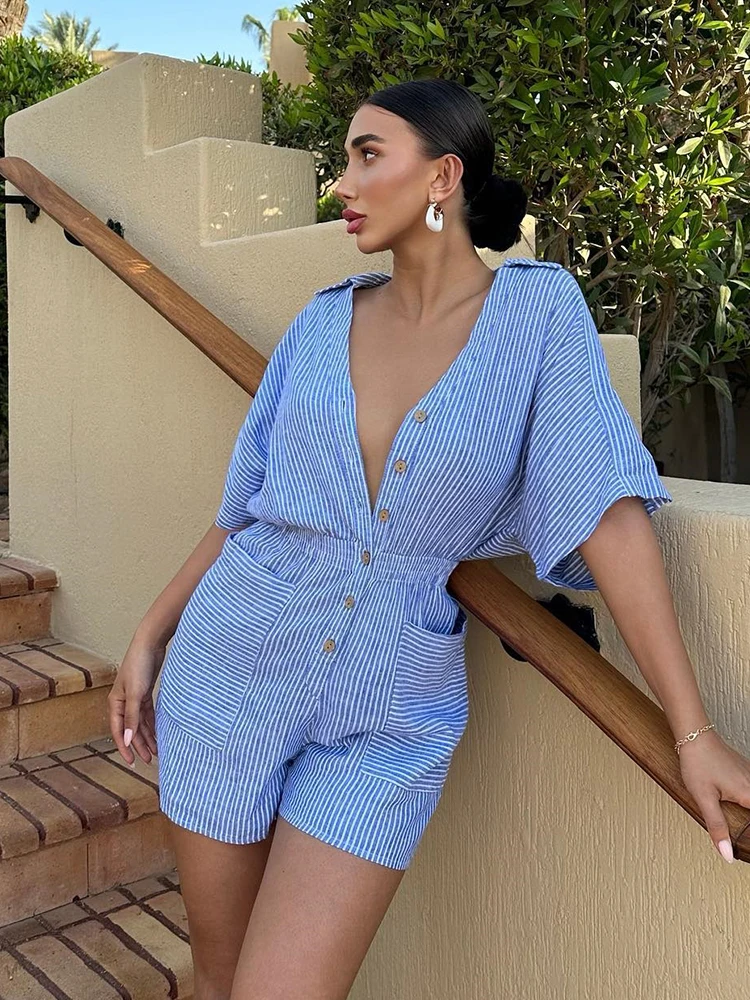 

Chicheca Turn-down Collar Summer Linen Romper Women Stripes Pocket Casual Wide Leg Batwing Sleeve Blue Playsuit Button Jumpsuit